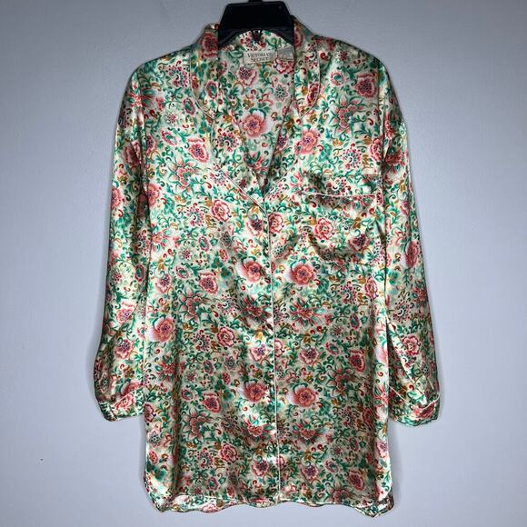 VTG Victoria's Secret Gold Label Satin Floral Nightgown Long Sleeve Sz S Buttons - Picture 1 of 11